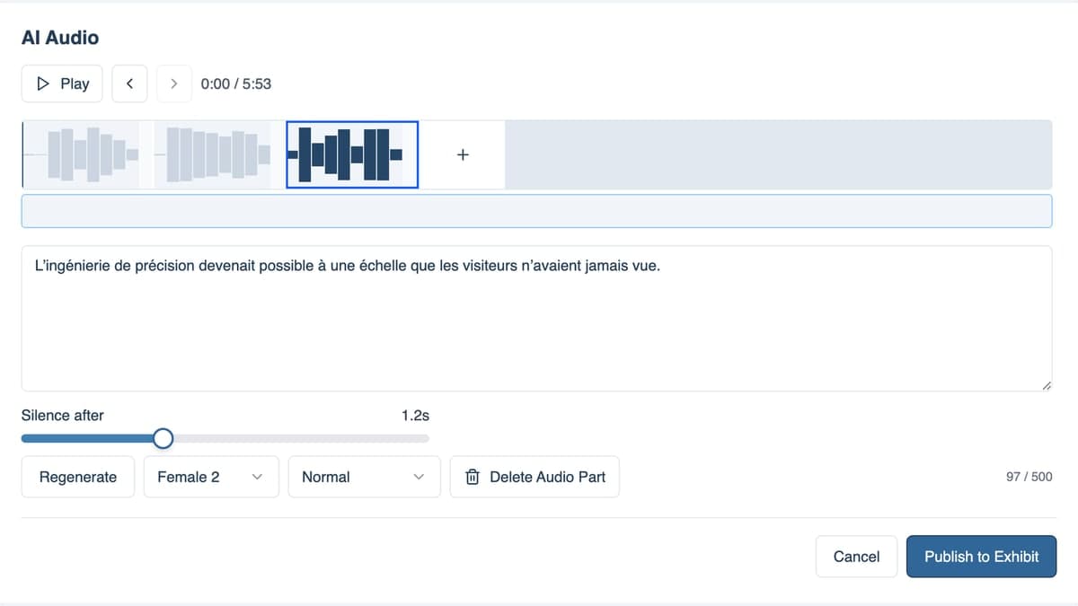 AI Content Studio audio editor with waveform, script text, voice controls and publish button