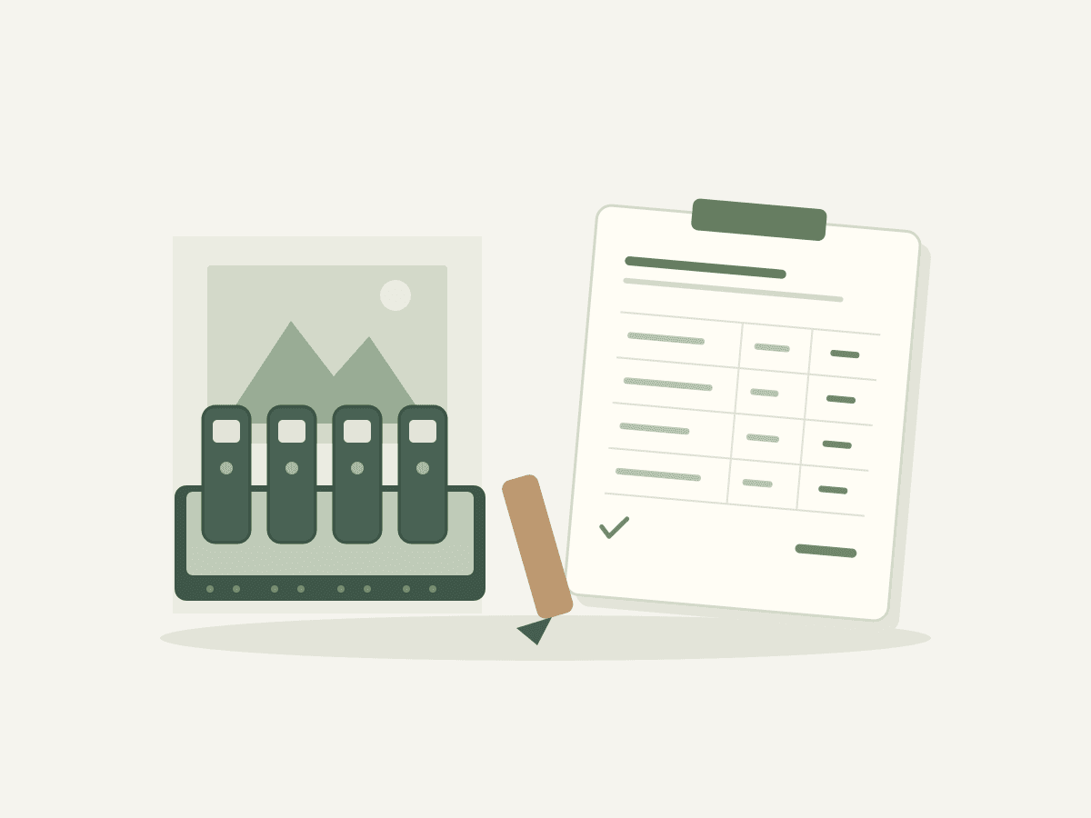 Illustration von Museums-Audioguides, einer Ladestation und einem Arbeitsblatt für das Mietbudget
